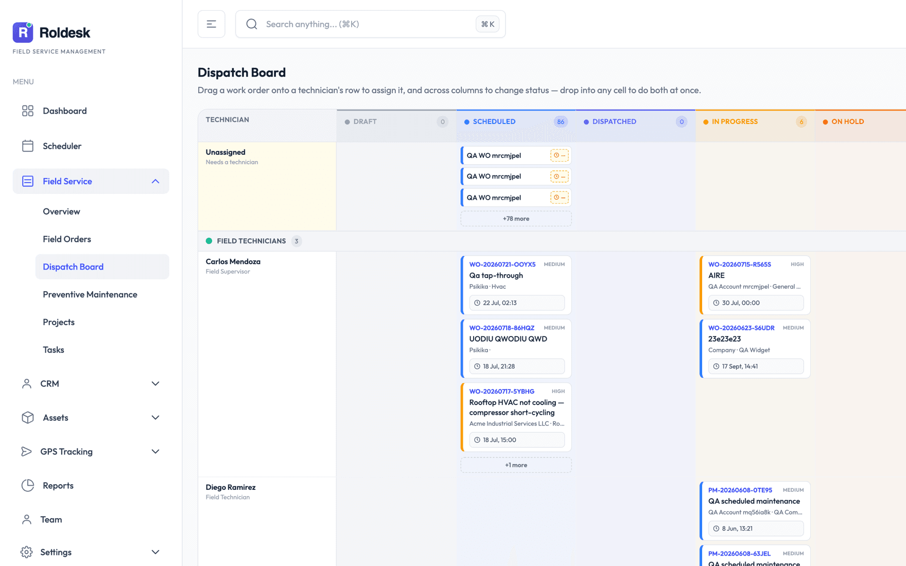 Dispatch board — Drag to assign and change status in one move