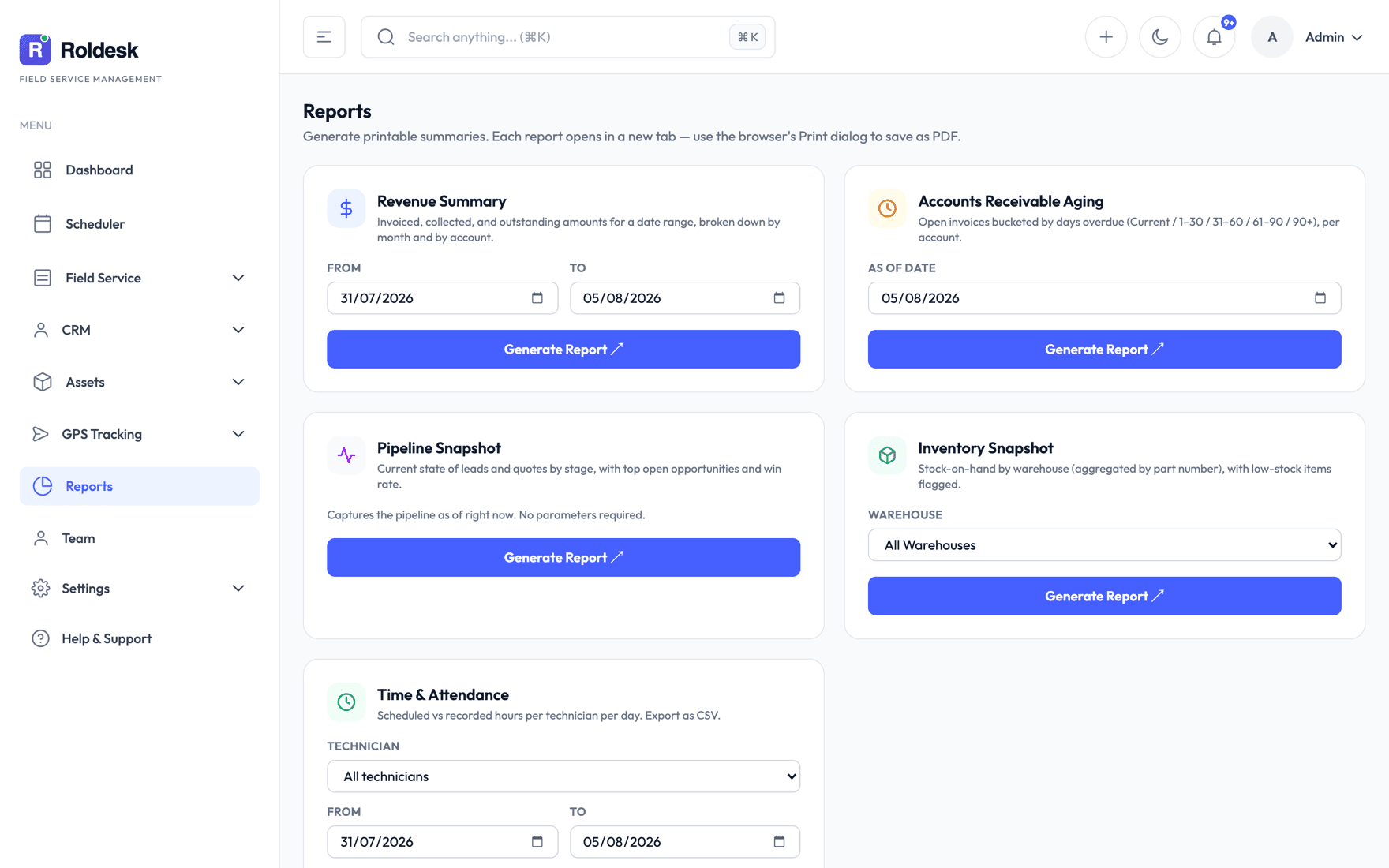 Reports — Revenue, AR aging, pipeline, and inventory