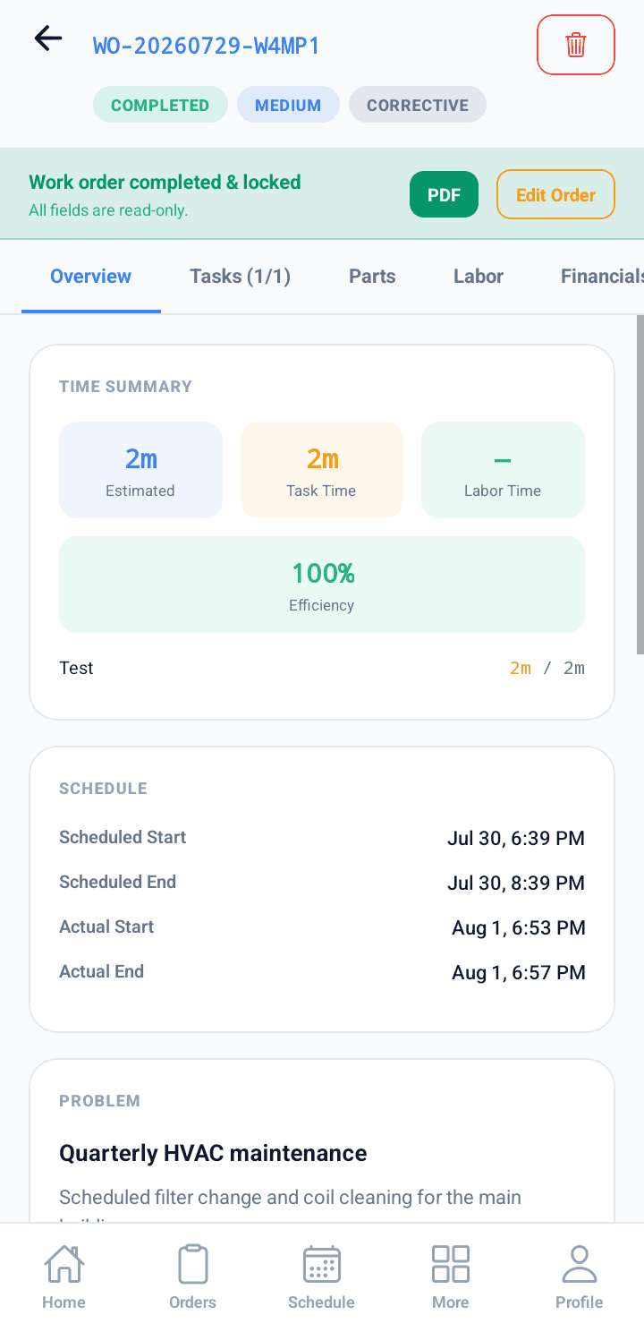 Roldesk mobile — completed job with time summary and efficiency