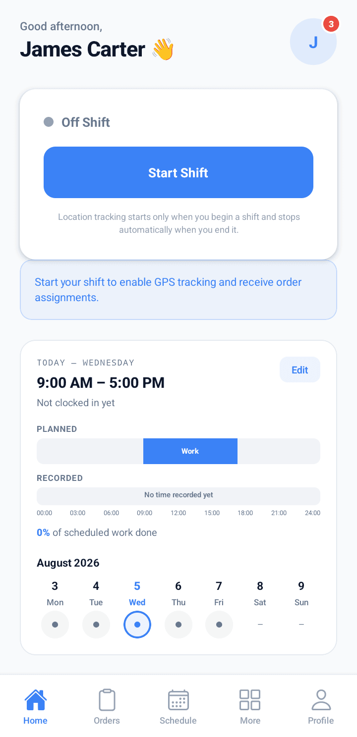 Roldesk mobile home screen with shift and schedule
