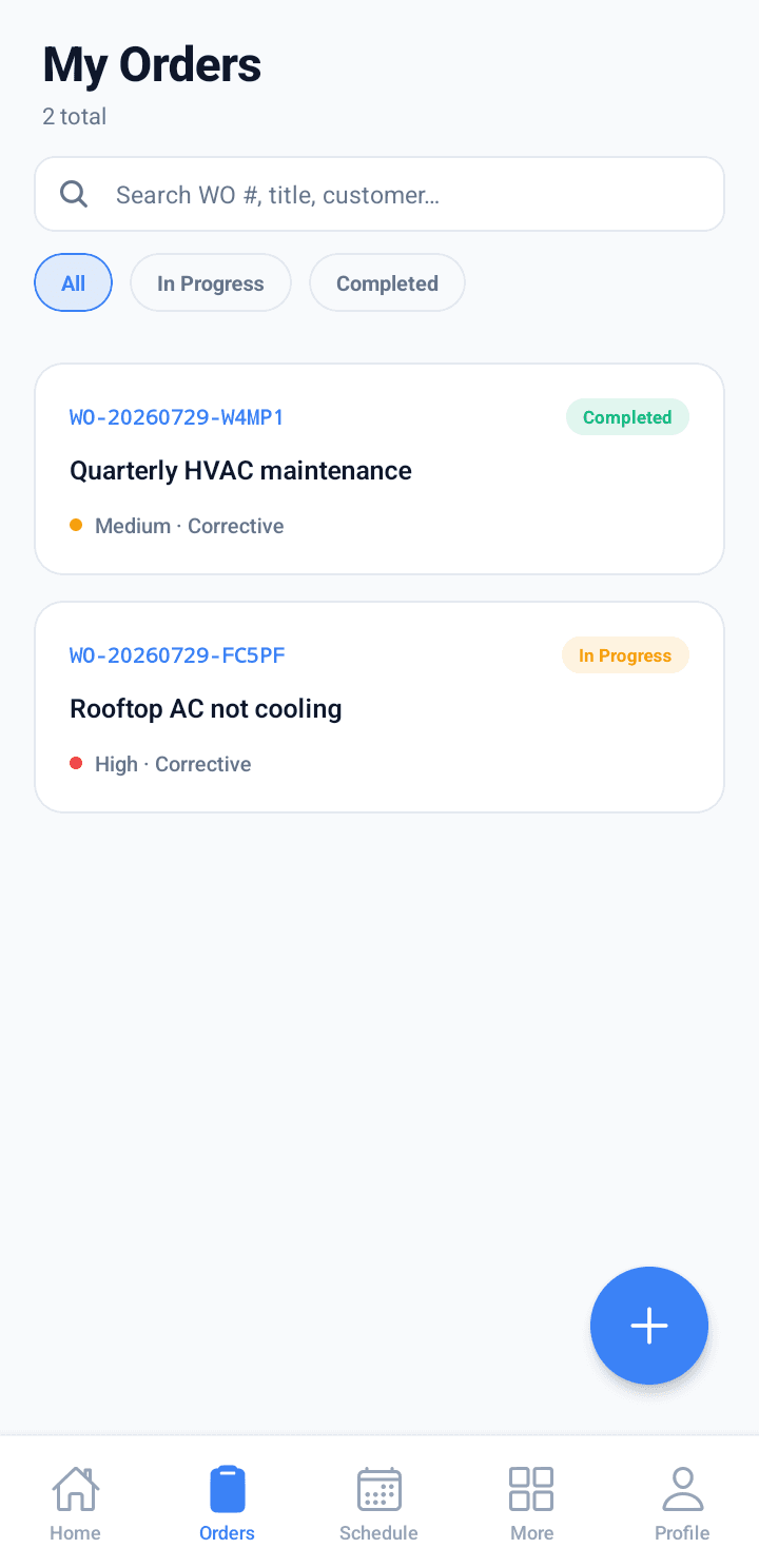 Roldesk mobile — a technician's assigned work orders